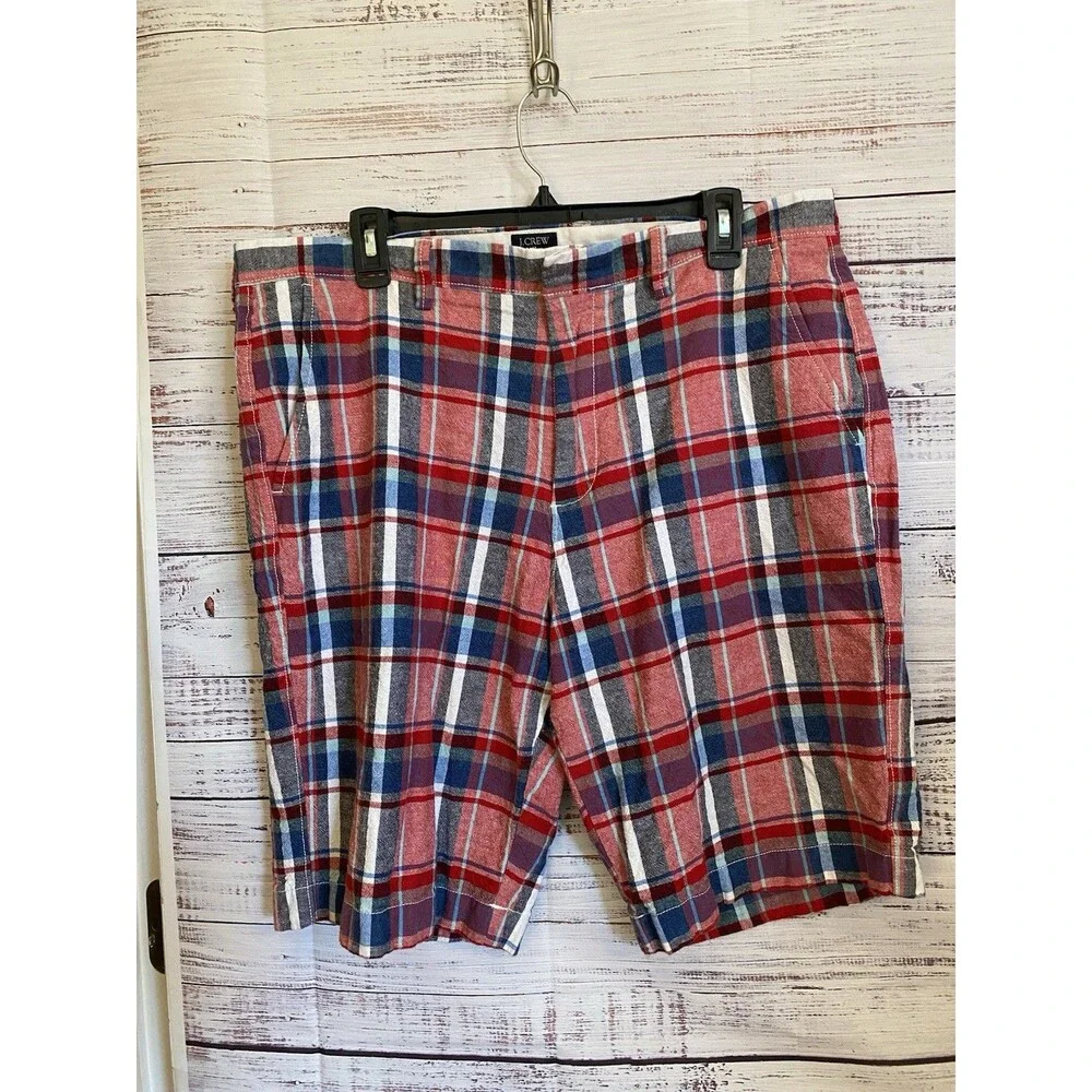 J. CREW Shorts Rivington  Plaid Linen/ Cotton Men's 36 Red/Blue/White Pockets